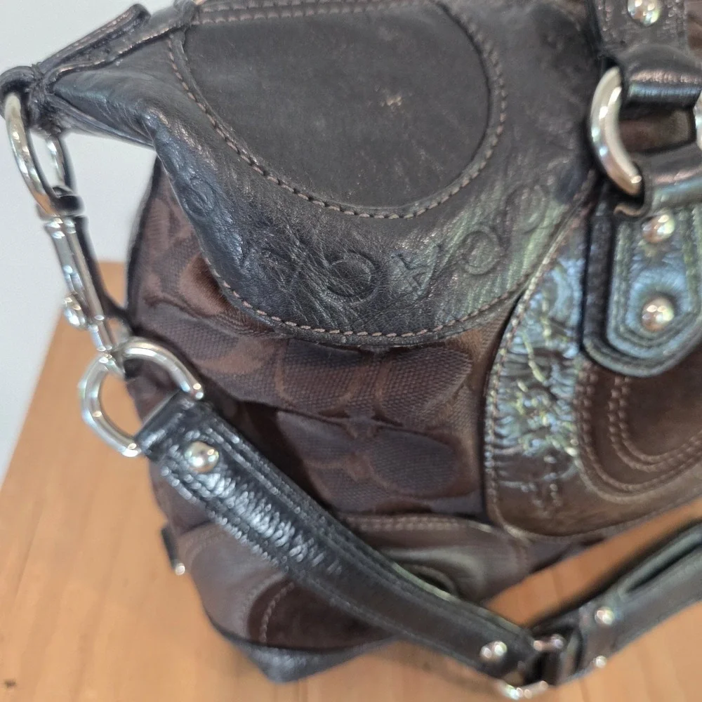 Coach Signature Patchwork Satchel Brown Jacquard Black Leather Shoulder Bag...